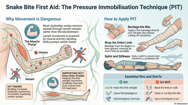 The pressure immobilisation technique is a first aid method used to slow the spread of venom after certain bites and stings. A firm bandage is applied over the bite area and along the entire limb, and the limb is then immobilised with a splint. This slow